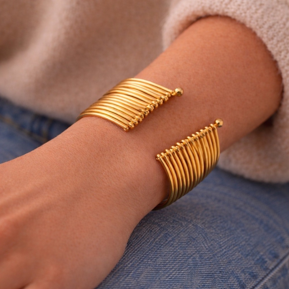 Cuff Bracelet Multi-Wire Gold Tone Stacked Boho Open‎ Statement Bangle